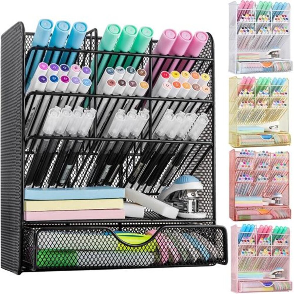 Metal Pen Organizer with Drawer: Black Desk Organizer for School & Home